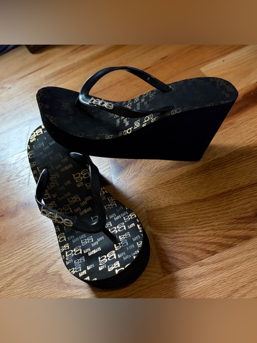 bebe Black Wedge Flip Flops with Gold Logo Print - Picture 3 of 4
